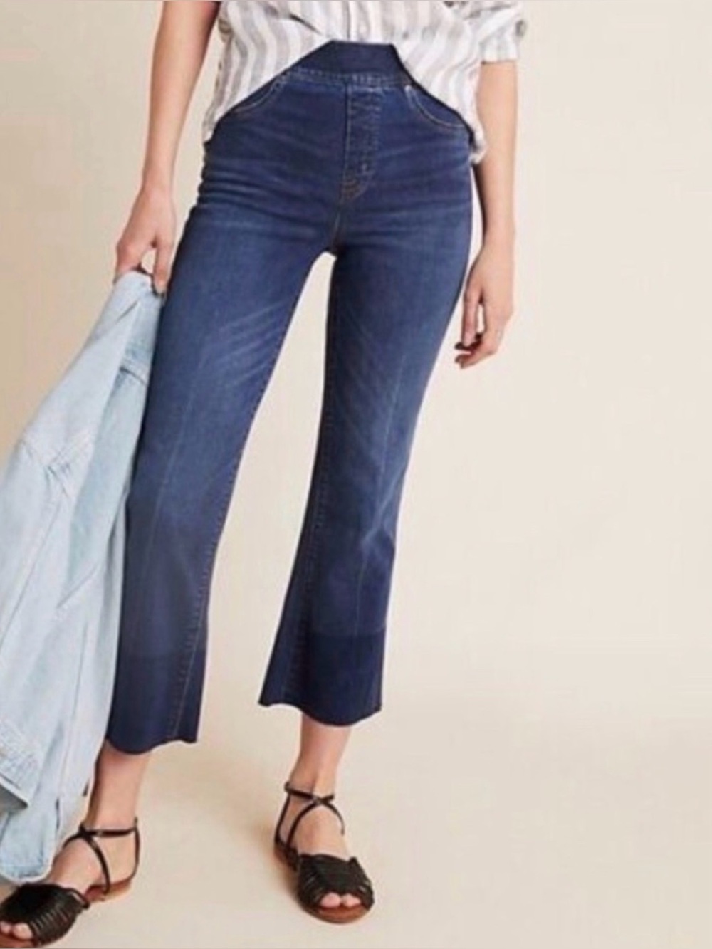 Spanx Women Jeans Blue Cropped Kick Flare Leg Pull On Raw Hem XL Boho Chic